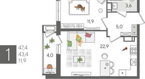 1-к квартира, строящийся дом, 47м2, 20/24 этаж