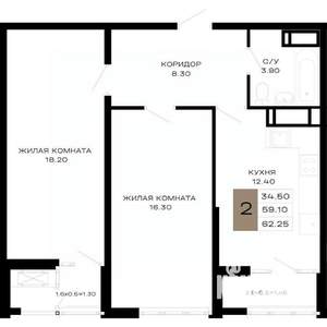 2-к квартира, вторичка, 62м2, 4/23 этаж