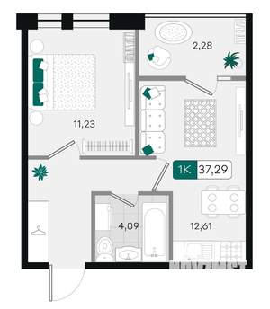 1-к квартира, вторичка, 37м2, 5/9 этаж