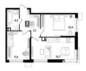 2-к квартира, строящийся дом, 54м2, 5/19 этаж