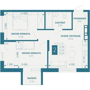 2-к квартира, строящийся дом, 55м2, 7/9 этаж