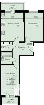 2-к квартира, вторичка, 64м2, 2/3 этаж