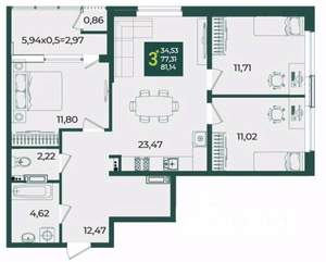 3-к квартира, вторичка, 81м2, 5/18 этаж