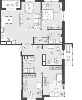 4-к квартира, строящийся дом, 115м2, 24/24 этаж