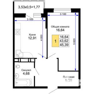 1-к квартира, вторичка, 45м2, 9/15 этаж