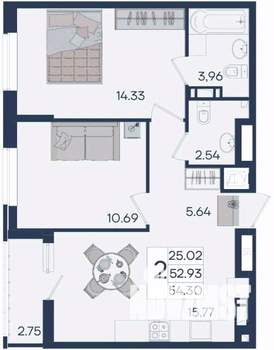 2-к квартира, вторичка, 54м2, 15/18 этаж