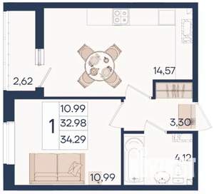 1-к квартира, вторичка, 34м2, 9/18 этаж