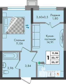 1-к квартира, вторичка, 36м2, 8/9 этаж