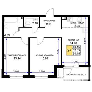 2-к квартира, вторичка, 64м2, 2/16 этаж