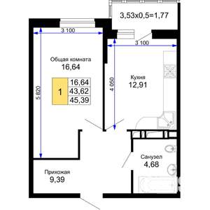 1-к квартира, вторичка, 45м2, 9/15 этаж