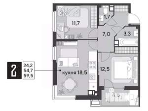 2-к квартира, строящийся дом, 60м2, 4/9 этаж