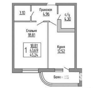 1-к квартира, сданный дом, 45м2, 22/24 этаж