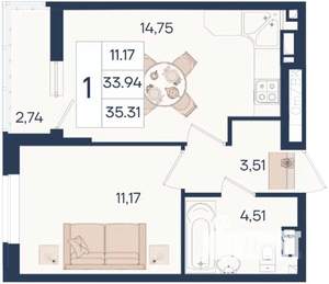 1-к квартира, вторичка, 35м2, 3/18 этаж