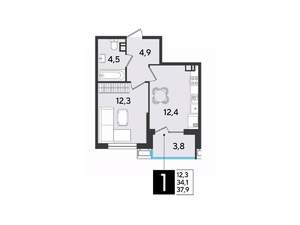 1-к квартира, строящийся дом, 38м2, 8/9 этаж