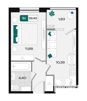 1-к квартира, вторичка, 32м2, 5/18 этаж