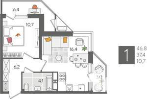 1-к квартира, вторичка, 47м2, 18/24 этаж