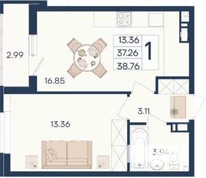 1-к квартира, вторичка, 39м2, 8/18 этаж