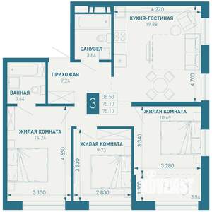 3-к квартира, вторичка, 75м2, 7/18 этаж
