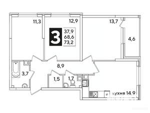 3-к квартира, вторичка, 73м2, 3/16 этаж