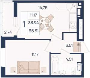 1-к квартира, вторичка, 35м2, 6/18 этаж