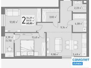 2-к квартира, вторичка, 61м2, 8/15 этаж