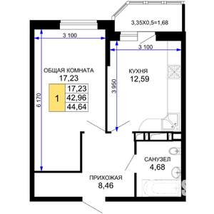 1-к квартира, вторичка, 45м2, 7/19 этаж