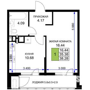 1-к квартира, вторичка, 38м2, 9/16 этаж
