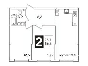 2-к квартира, вторичка, 57м2, 9/16 этаж