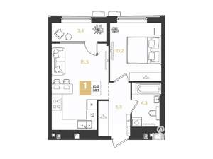 1-к квартира, строящийся дом, 39м2, 9/9 этаж