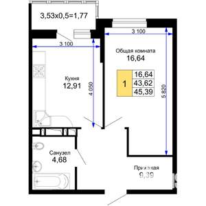 1-к квартира, строящийся дом, 45м2, 8/15 этаж