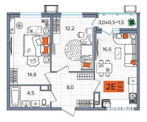 2-к квартира, сданный дом, 58м2, 14/16 этаж