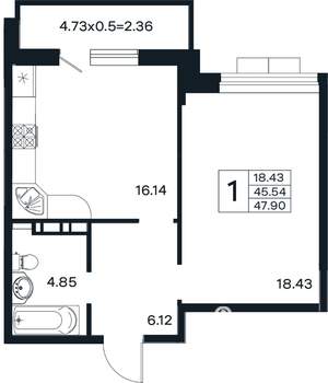 1-к квартира, вторичка, 48м2, 5/12 этаж