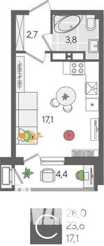 Студия квартира, вторичка, 28м2, 16/24 этаж