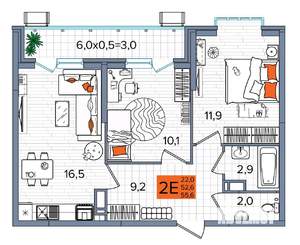 2-к квартира, сданный дом, 56м2, 16/16 этаж