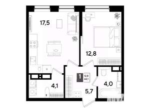 1-к квартира, вторичка, 44м2, 13/16 этаж
