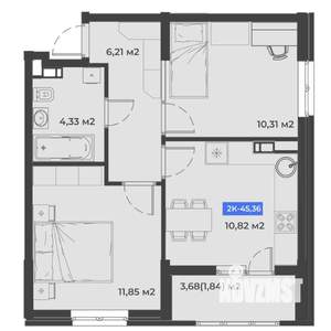 2-к квартира, строящийся дом, 45м2, 5/5 этаж