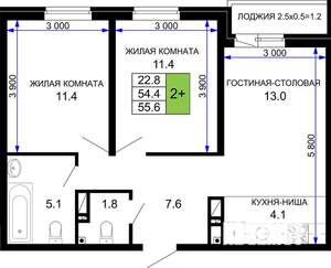 2-к квартира, строящийся дом, 56м2, 12/16 этаж