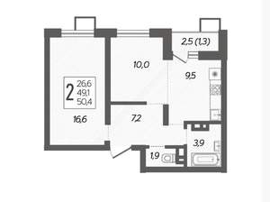 2-к квартира, вторичка, 50м2, 7/12 этаж
