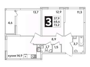 3-к квартира, вторичка, 73м2, 6/16 этаж