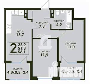 2-к квартира, вторичка, 56м2, 2/4 этаж