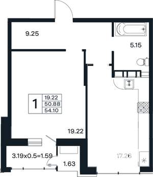1-к квартира, вторичка, 54м2, 6/12 этаж