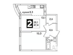 2-к квартира, вторичка, 47м2, 12/16 этаж