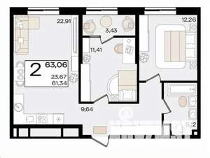 2-к квартира, вторичка, 63м2, 6/9 этаж