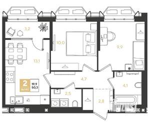 2-к квартира, строящийся дом, 50м2, 15/18 этаж