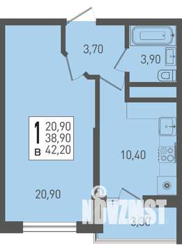 1-к квартира, строящийся дом, 42м2, 19/22 этаж