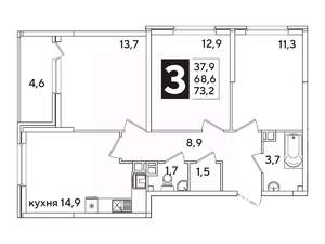 3-к квартира, вторичка, 73м2, 4/16 этаж
