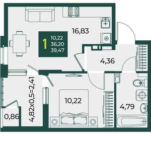 1-к квартира, вторичка, 39м2, 4/18 этаж