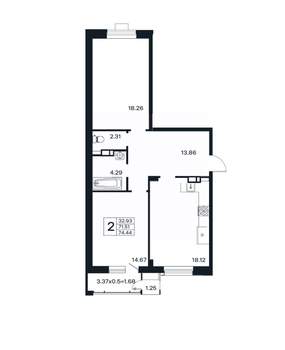 2-к квартира, вторичка, 74м2, 8/12 этаж