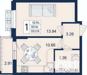 1-к квартира, вторичка, 33м2, 2/18 этаж