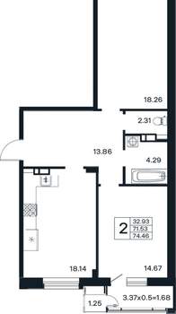 2-к квартира, вторичка, 74м2, 6/12 этаж